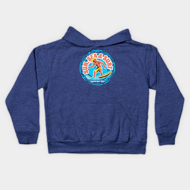 Vintage Sun, Sea & Surf Trunk Bay, US Virgin Islands // Retro Surfing // Surfer Catching Waves Kids Hoodie by Now Boarding